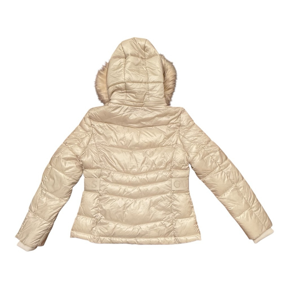 GUESS Beige Cream Puffer Jacket with Faux Fur Hood, Size M NWT - Picture 5 of 16